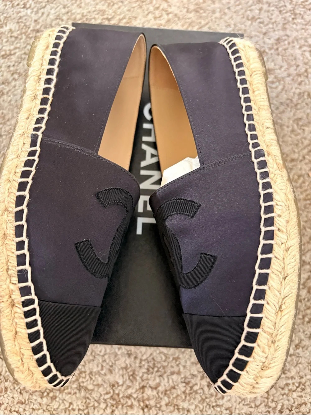 CHANEL Navy and Black Canvas Espadrille Flats
